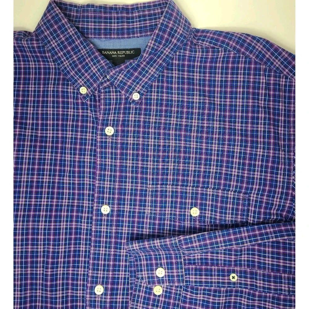 Banana Republic Soft Wash Shirt Mens XL Purple Blue Plaid Button Down Cotton